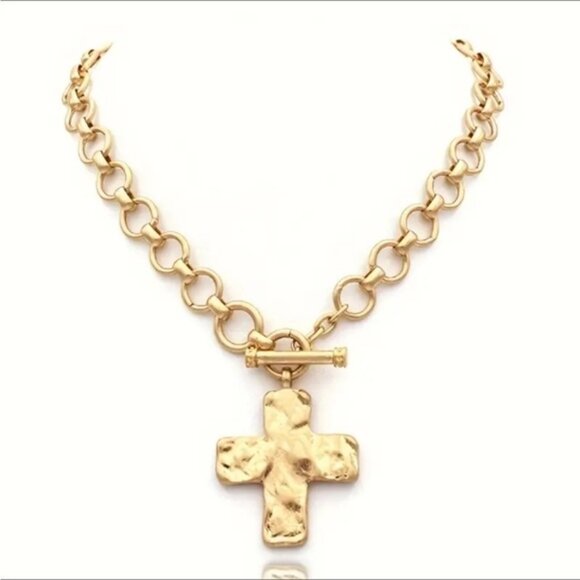 Gold Cross Pendant Hammered Thick Chunky Chain Vintage Inspired Necklace - Picture 5 of 8